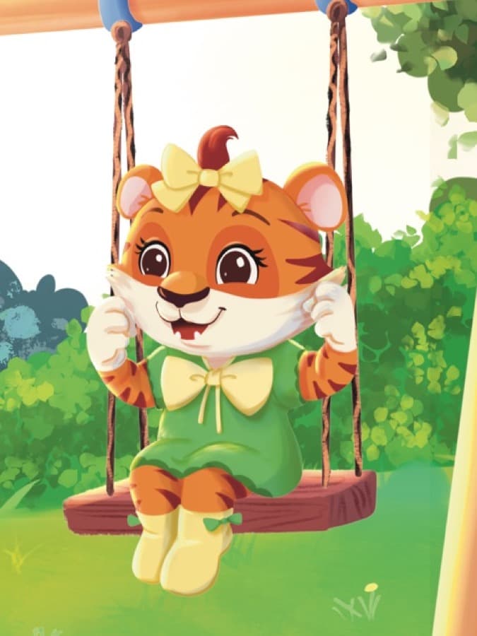 Trine Tiger med sløjfe på gyngen